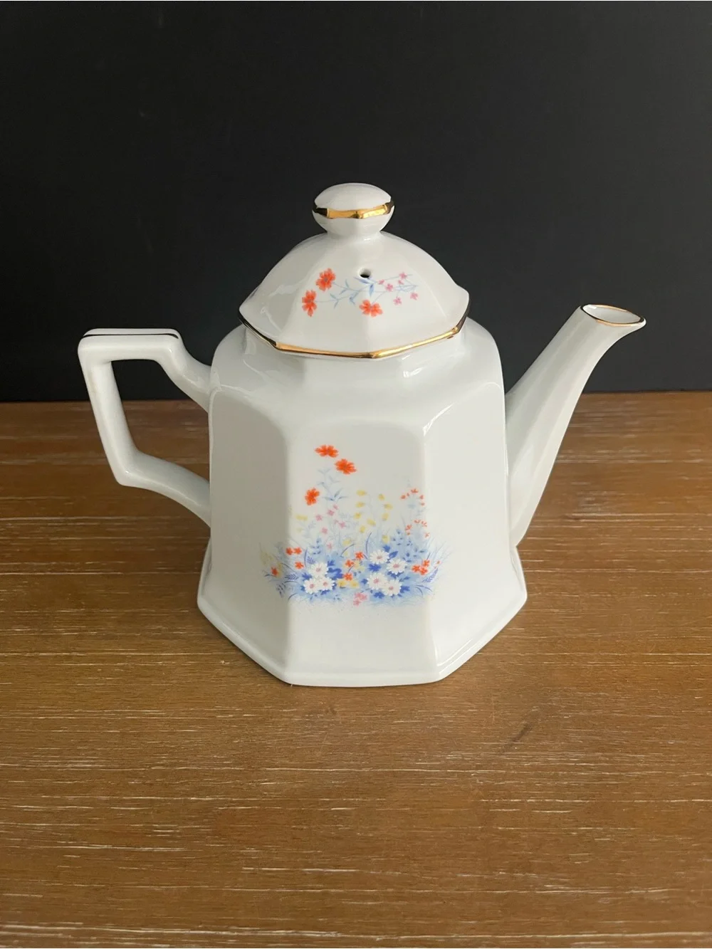 Handpainted Porcelain Teapot-Japan-Octagonal Shape-Lid-Beautiful Wildflowers
